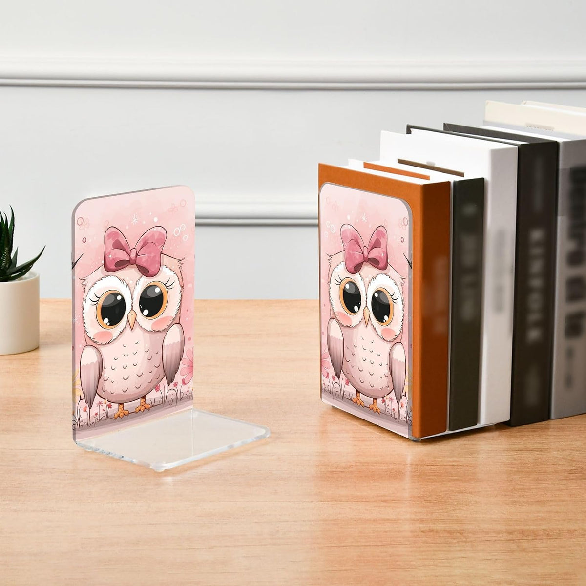 Acrylic Bookends Cute Owls Light Pink Book Ends for Shelves 2 Pcs Decorative Book Stopper Non Skid