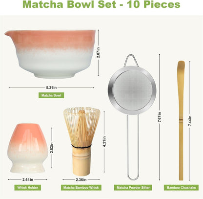 Pink Matcha Whisk Making Set - Japanese Tea Kit with Whisk Bowl and Bamboo Scoop Ceramic Chawan with Spout for Traditional Tea Ceremony Complete Matcha Making Tools Gift for Tea Lovers (Pink, 7 PCS)