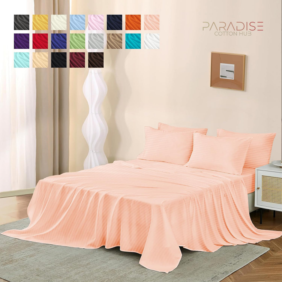 Egyptian Cotton 2-Piece Pillow Case Set Queen Size 20x30 Envelope Closure - Stripe, Peach