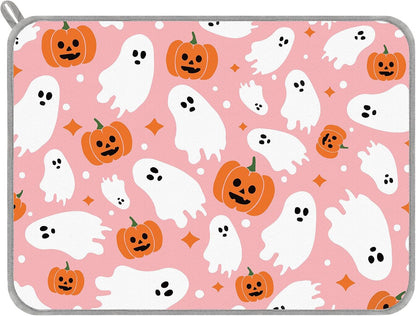 Halloween Dish Drying Mat Pink Pumpkin Ghost Absorbent Dish Drainer Protector Pad for Kitchen Countertop Tableware Decor, 18 x 24 Inch