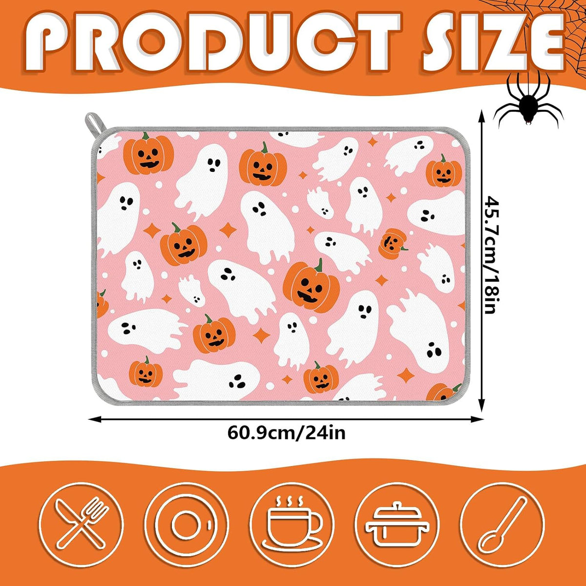 Halloween Dish Drying Mat Pink Pumpkin Ghost Absorbent Dish Drainer Protector Pad for Kitchen Countertop Tableware Decor, 18 x 24 Inch