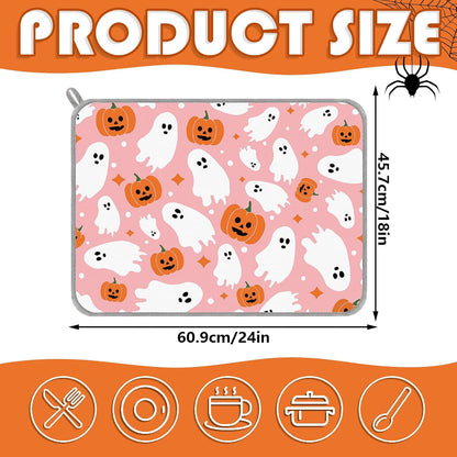 Halloween Dish Drying Mat Pink Pumpkin Ghost Absorbent Dish Drainer Protector Pad for Kitchen Countertop Tableware Decor, 18 x 24 Inch