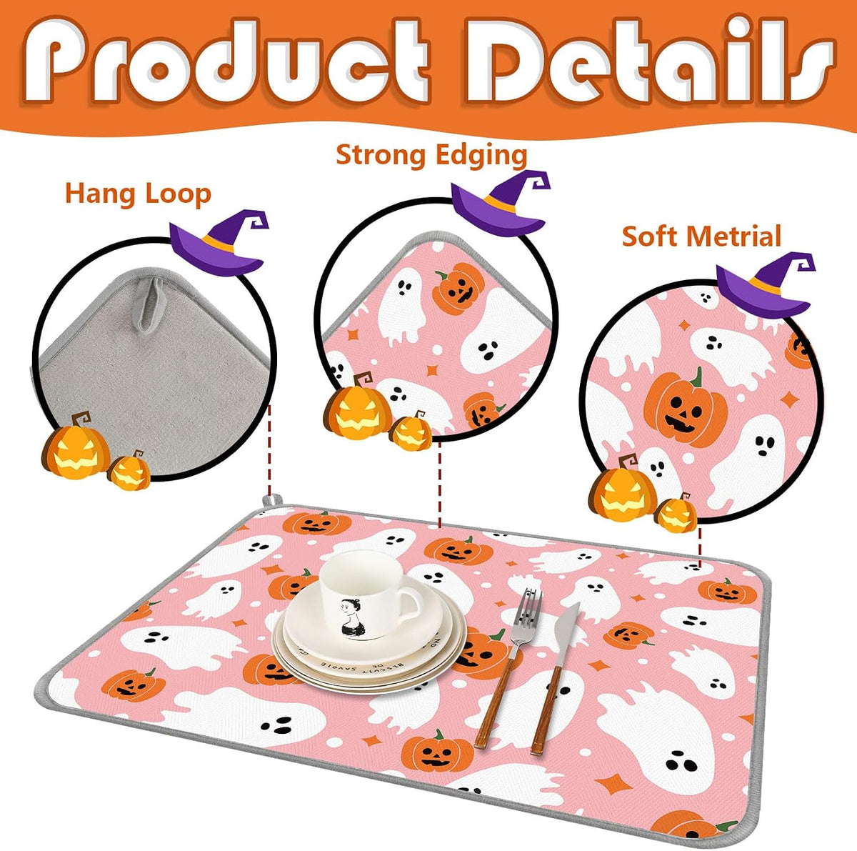 Halloween Dish Drying Mat Pink Pumpkin Ghost Absorbent Dish Drainer Protector Pad for Kitchen Countertop Tableware Decor, 18 x 24 Inch