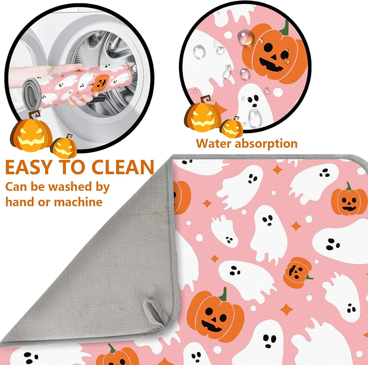 Halloween Dish Drying Mat Pink Pumpkin Ghost Absorbent Dish Drainer Protector Pad for Kitchen Countertop Tableware Decor, 18 x 24 Inch