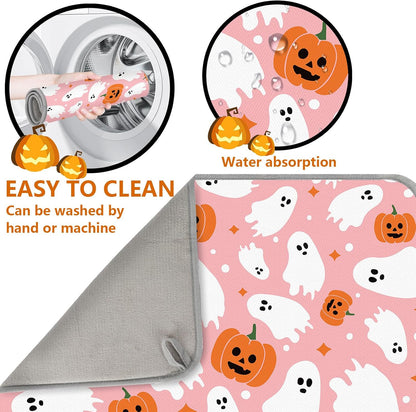 Halloween Dish Drying Mat Pink Pumpkin Ghost Absorbent Dish Drainer Protector Pad for Kitchen Countertop Tableware Decor, 18 x 24 Inch