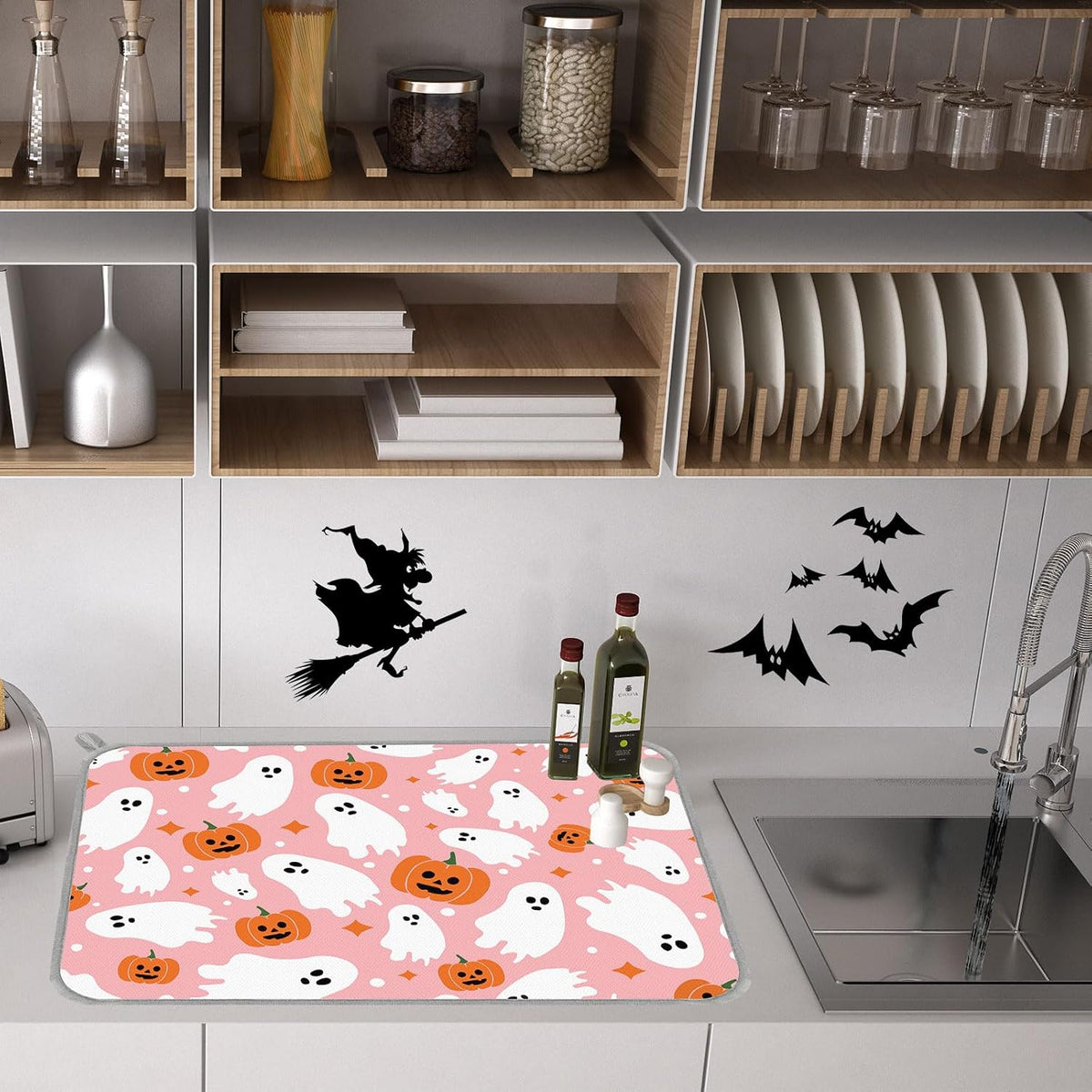 Halloween Dish Drying Mat Pink Pumpkin Ghost Absorbent Dish Drainer Protector Pad for Kitchen Countertop Tableware Decor, 18 x 24 Inch