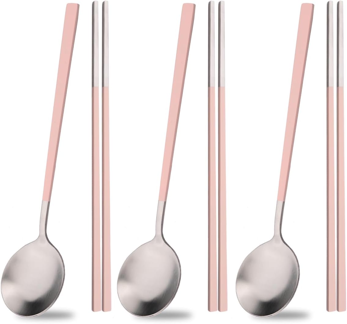 Pink Stainless Steel Korean-style Spoon and Chopsticks Set Service for 3. 6-Piece Reusable Stainless Steel Spoon Chopsticks Set for Home Hotel
