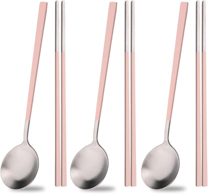 Pink Stainless Steel Korean-style Spoon and Chopsticks Set Service for 3. 6-Piece Reusable Stainless Steel Spoon Chopsticks Set for Home Hotel