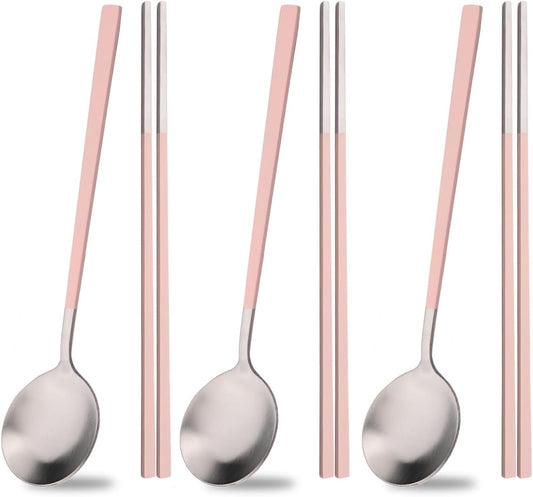 Pink Stainless Steel Korean-style Spoon and Chopsticks Set Service for 3. 6-Piece Reusable Stainless Steel Spoon Chopsticks Set for Home Hotel