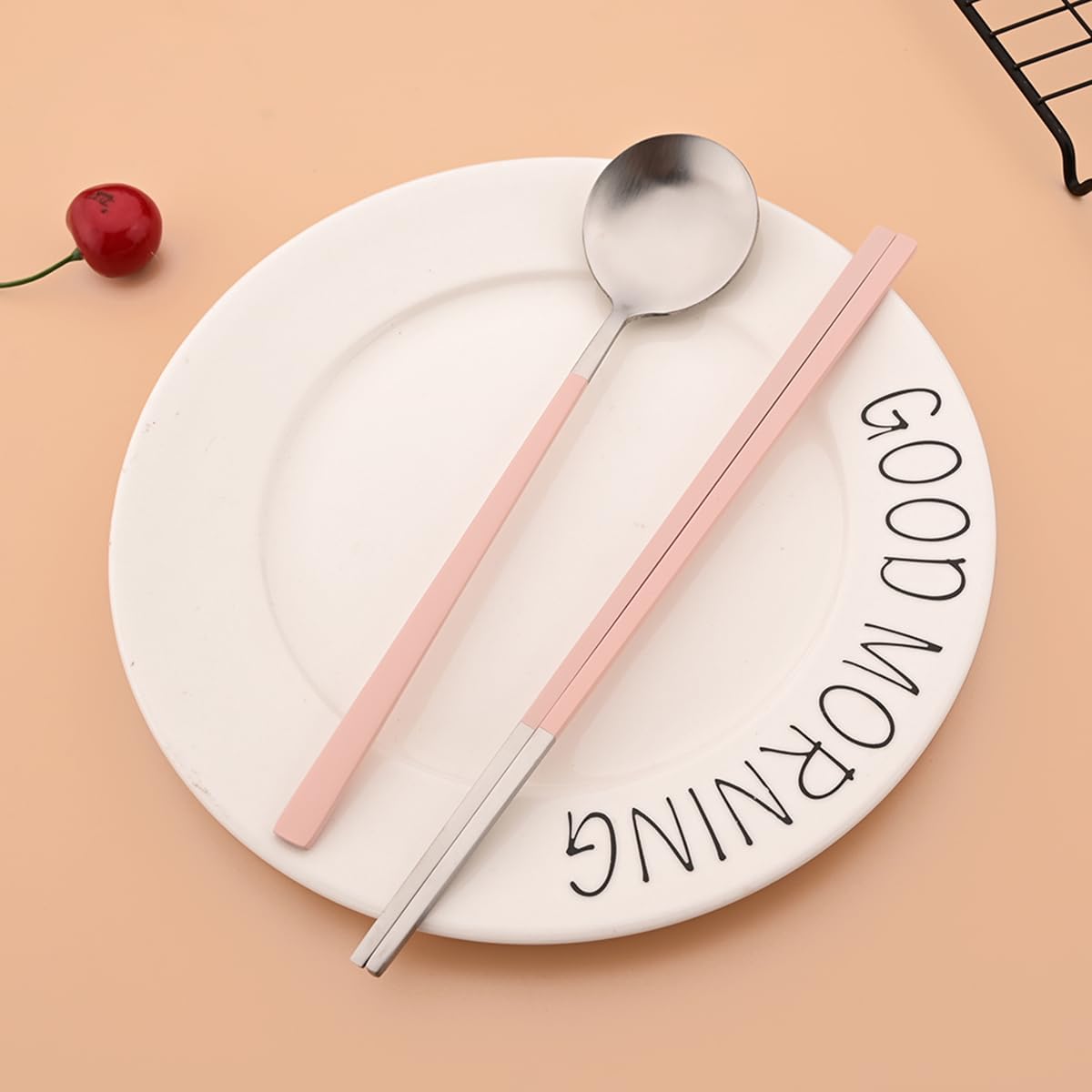 Pink Stainless Steel Korean-style Spoon and Chopsticks Set Service for 3. 6-Piece Reusable Stainless Steel Spoon Chopsticks Set for Home Hotel