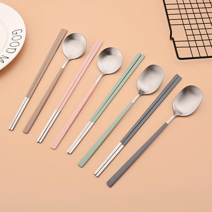 Pink Stainless Steel Korean-style Spoon and Chopsticks Set Service for 3. 6-Piece Reusable Stainless Steel Spoon Chopsticks Set for Home Hotel