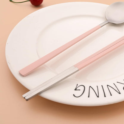 Pink Stainless Steel Korean-style Spoon and Chopsticks Set Service for 3. 6-Piece Reusable Stainless Steel Spoon Chopsticks Set for Home Hotel