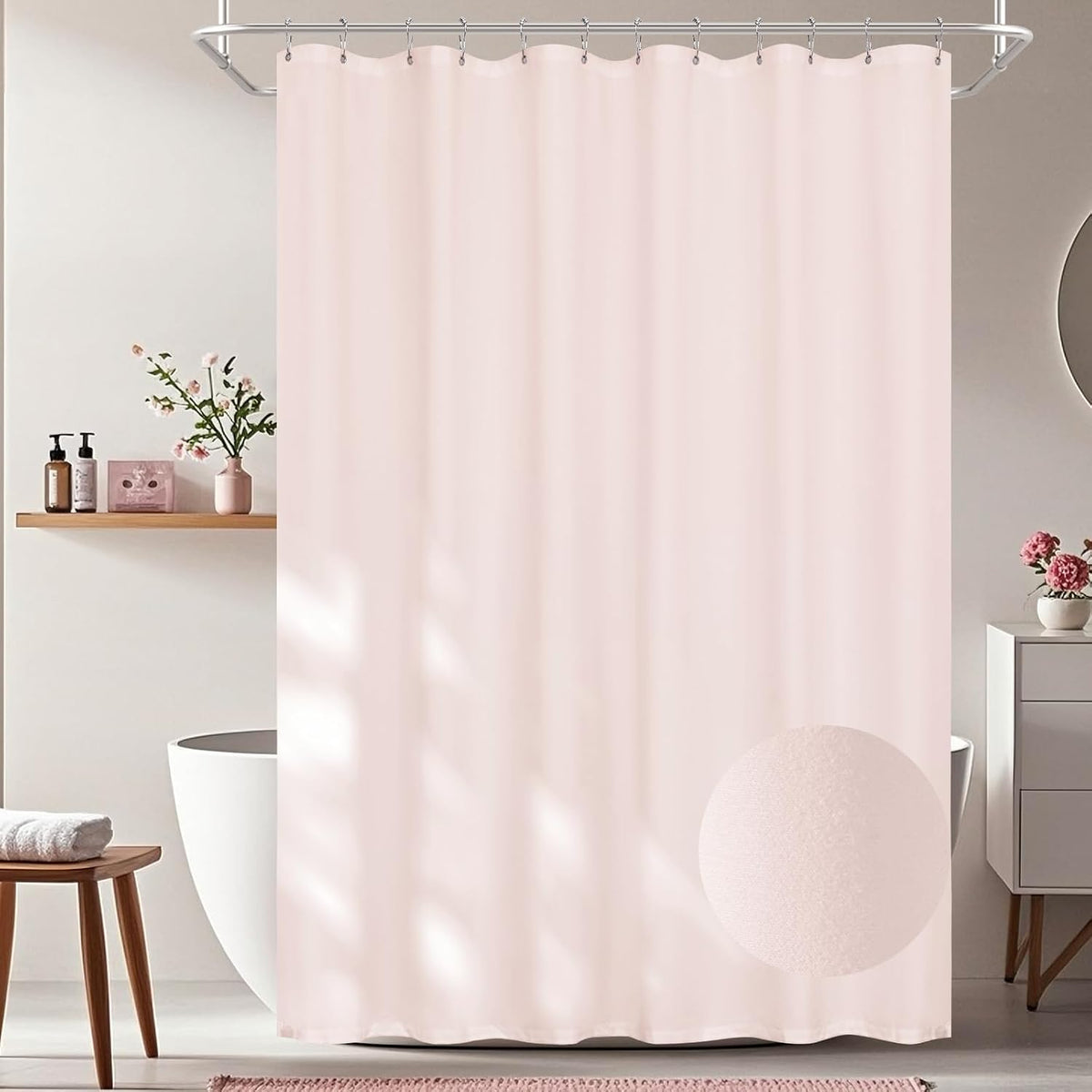 Waterproof Soft Microfiber Shower Curtain TPU Backed Lightweight, Baby Pink Fabric Shower Curtain Liner with 2 Large Magnets, 72 x 72 Inch 2 in 1 Hotel Quality Cloth Bathroom Curtain Washable