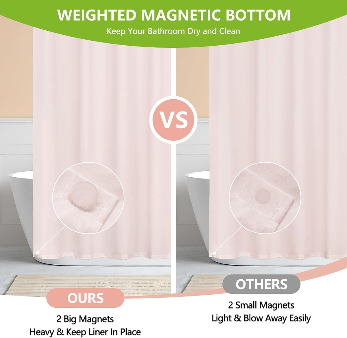 Waterproof Soft Microfiber Shower Curtain TPU Backed Lightweight, Baby Pink Fabric Shower Curtain Liner with 2 Large Magnets, 72 x 72 Inch 2 in 1 Hotel Quality Cloth Bathroom Curtain Washable