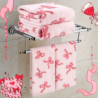 2 Pack Bow Hand Towels Kitchen Towel Pink Bowknot Dish Towel for Bathroom Hand Drying Kitchen Cleaning Gift Set, 29.5 x 13.7 Inch