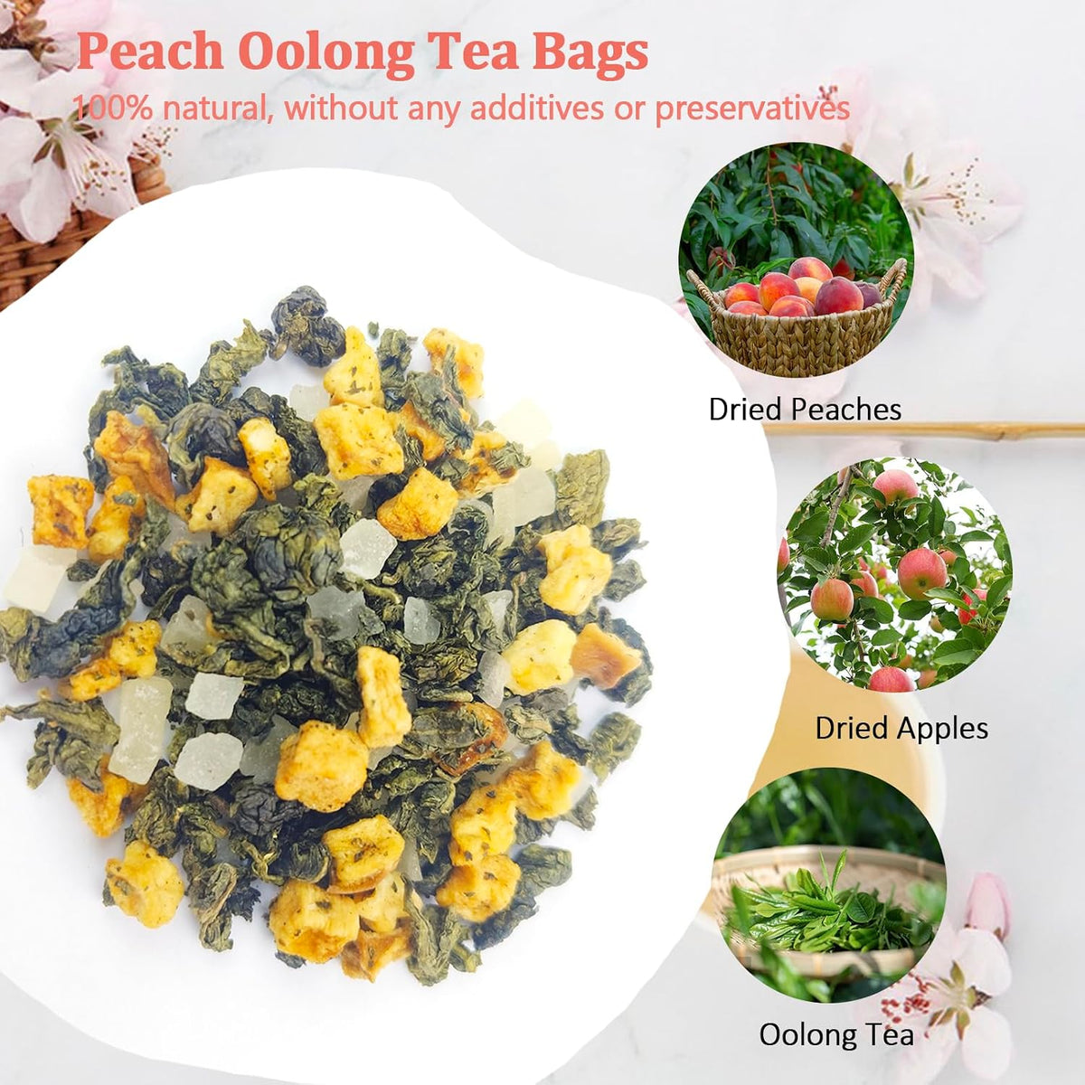 Peach Oolong Tea Bags Pure Natural Dried Peaches Apples Oolong Herbal Teas, Mixed Fruit Loose Leaf Tea Refreshing Fruit Cold and Hot Teabags No Gluten, Vegan - 3.7 oz (3.5g×30packets)