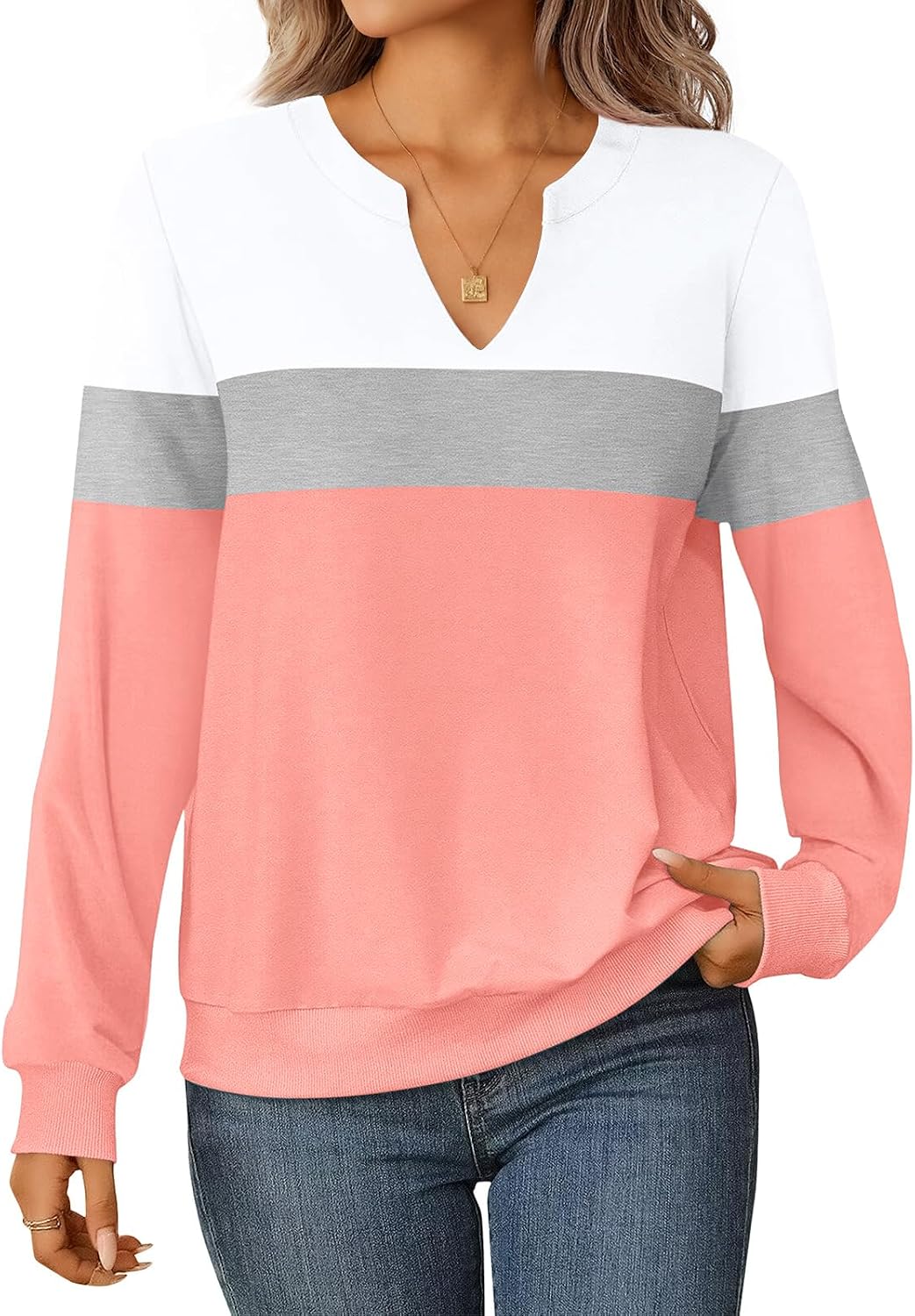 Womens Sweatshirts Long Sleeve V Neck Tops Fall Winter Basic Casual Lightweight Pullover Shirt