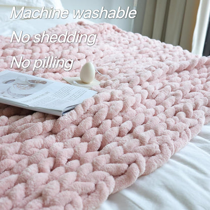 Chenille Chunky Knit Throw Blanket,Handmade,40×50,Light Pink