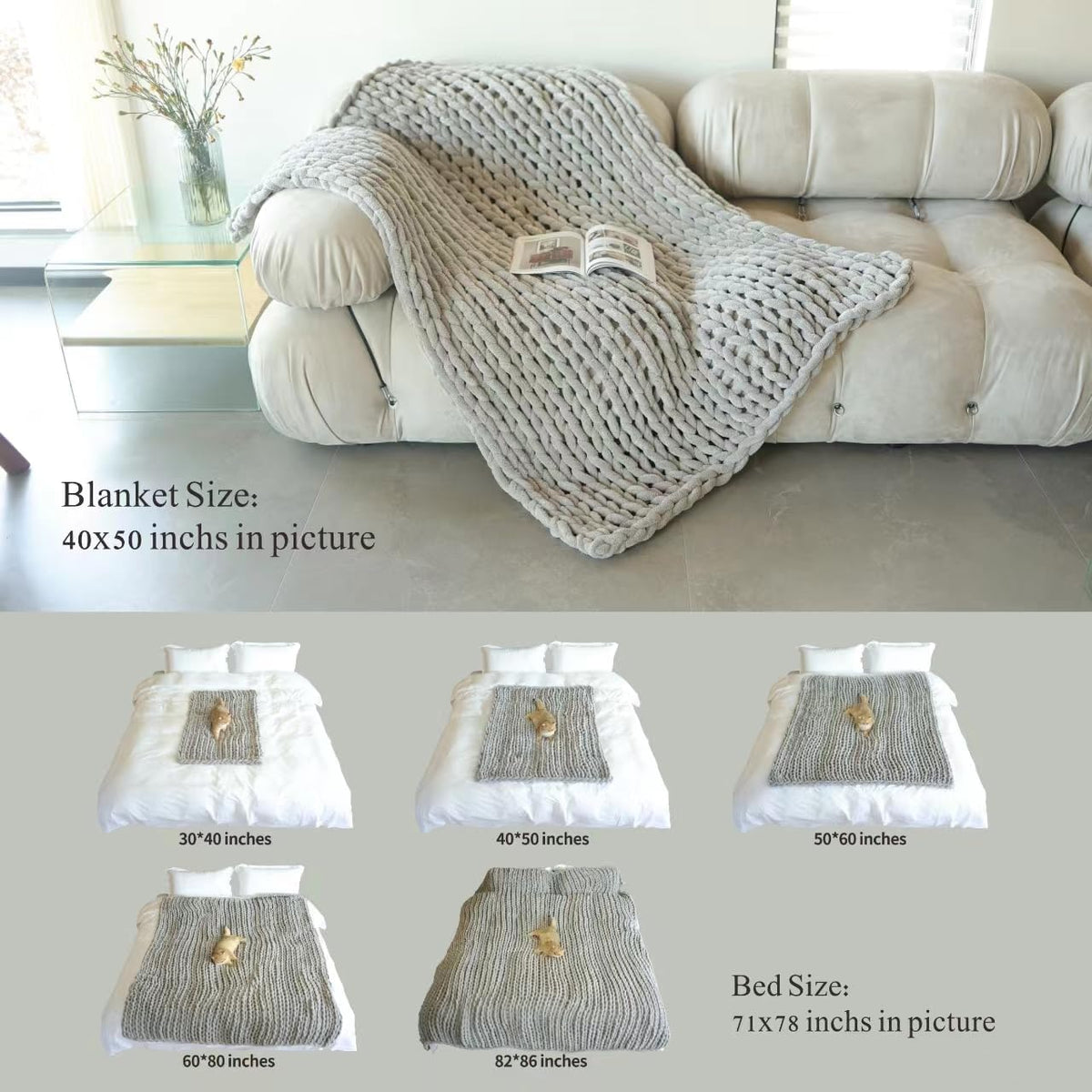 Chenille Chunky Knit Throw Blanket,Handmade,40×50,Light Pink