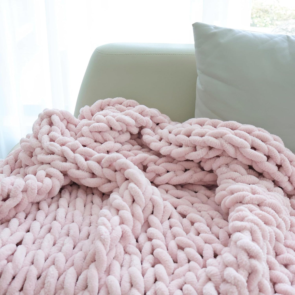 Chenille Chunky Knit Throw Blanket,Handmade,40×50,Light Pink