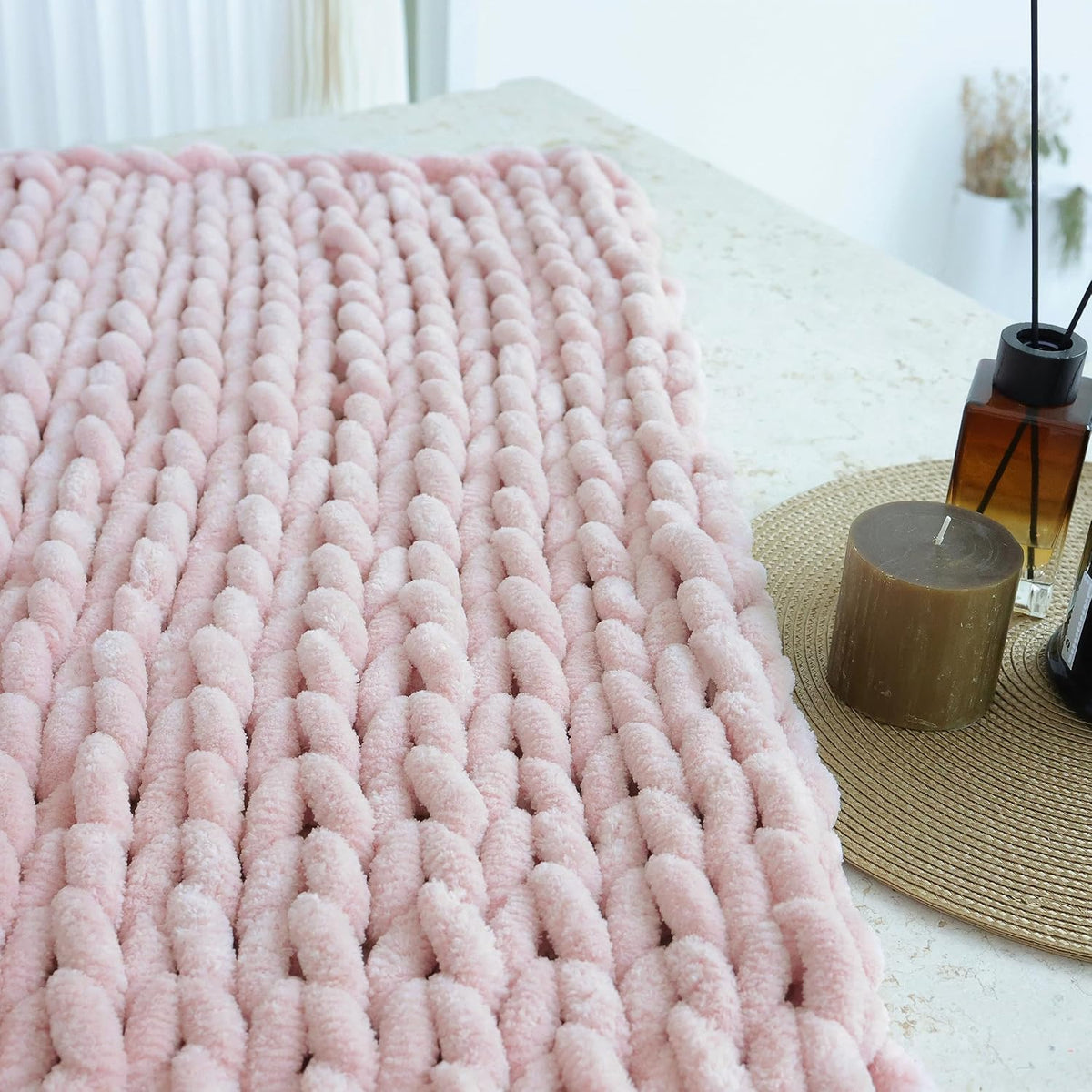Chenille Chunky Knit Throw Blanket,Handmade,40×50,Light Pink