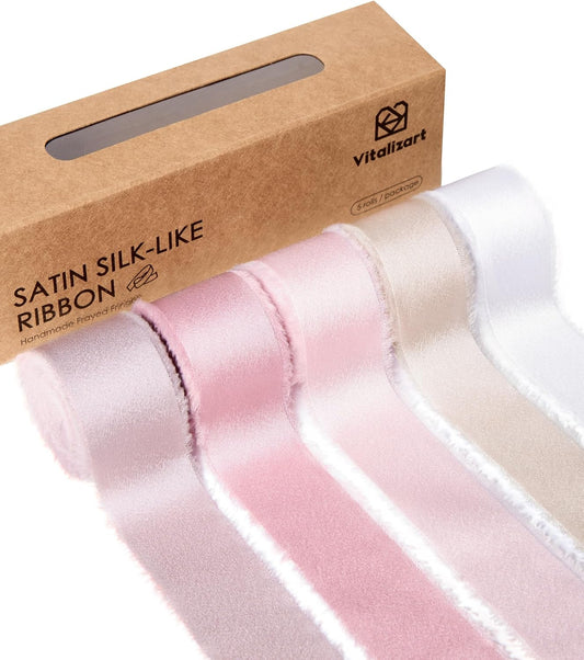 Silk Like Satin Ribbon 1 inch x 25 Yard Pink & Nude Handmade Frayed Ribbons for Gift Wrapping Baby Shower Wedding Bridal Bouquets Holiday Decor