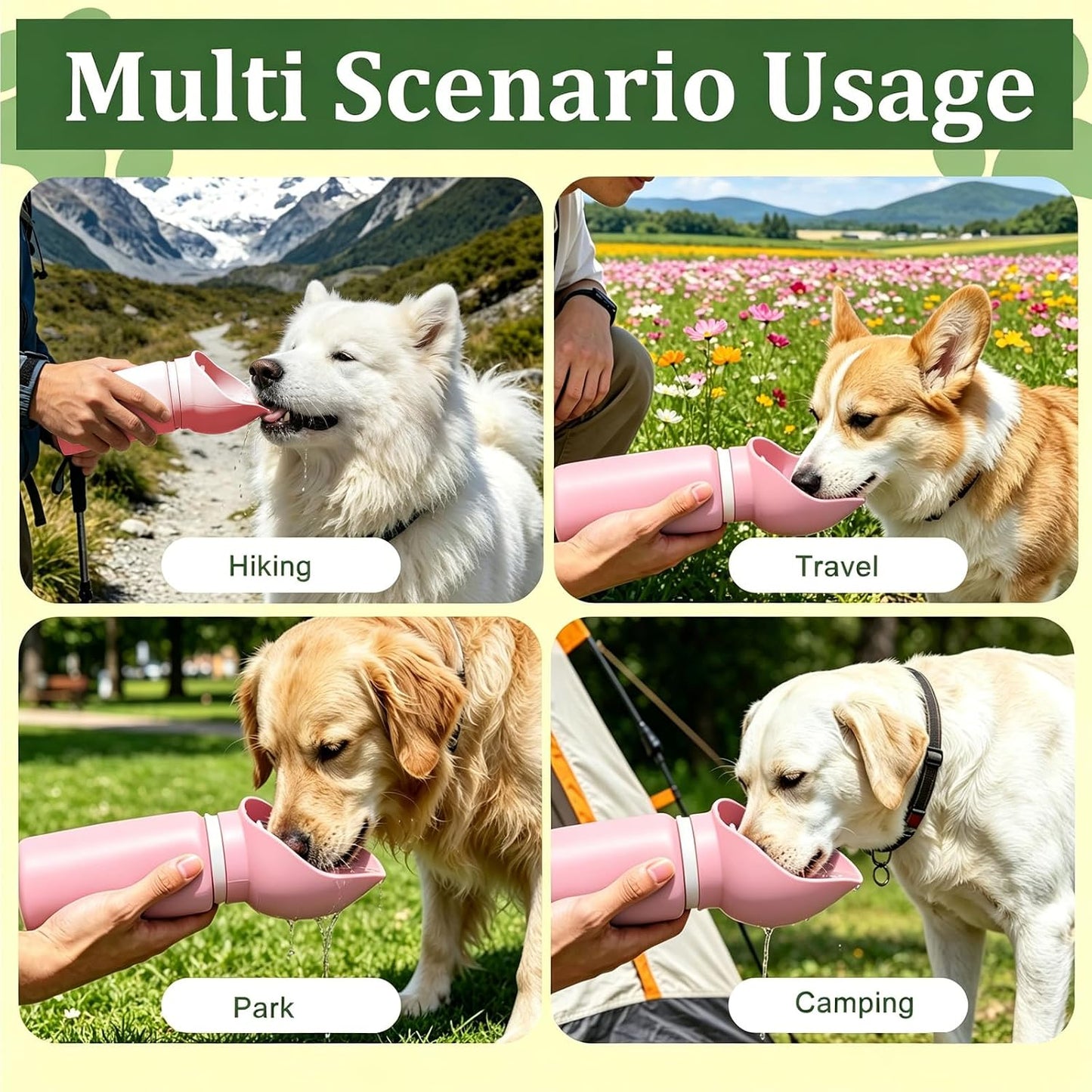 2 in 1 Foldable Dog Water Bottle, Leakproof Portable Pet Dispenser, Water Bottle Dog Bowl, Collapsible Food Grade Silicone Puppy Bottles, Lightweight Foldable for Travel Walking Caming (Pink)