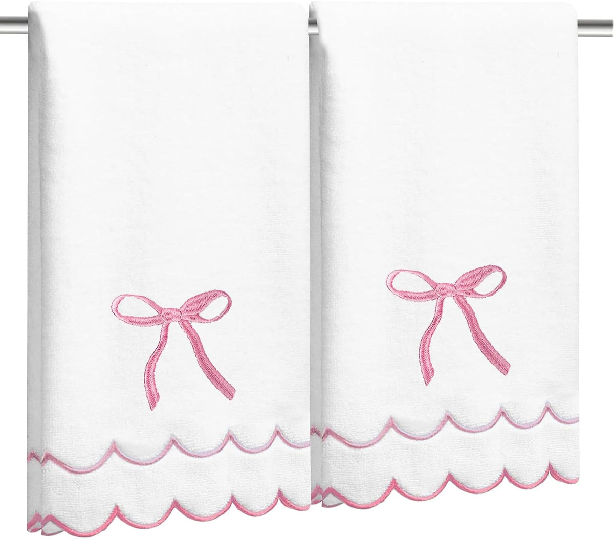 2 Pcs Coquette Bow Hand Towels 15.75 x 27.56 Inch Scalloped Embroidered Dish Towel 100% Cotton Cute Preppy Decorative Bath Hand Towel for Kitchen Bathroom (Pink)