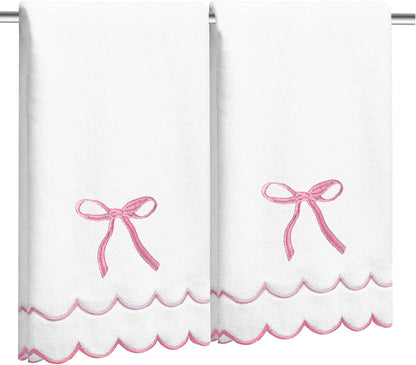 2 Pcs Coquette Bow Hand Towels 15.75 x 27.56 Inch Scalloped Embroidered Dish Towel 100% Cotton Cute Preppy Decorative Bath Hand Towel for Kitchen Bathroom (Pink)