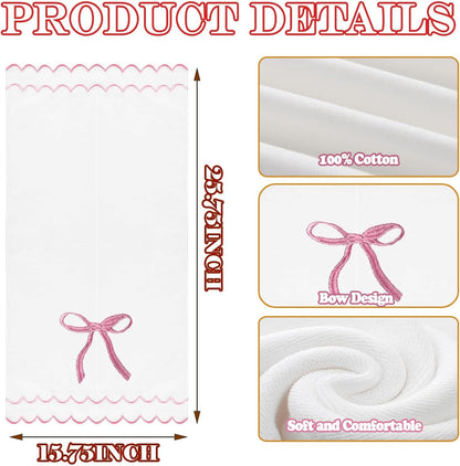 2 Pcs Coquette Bow Hand Towels 15.75 x 27.56 Inch Scalloped Embroidered Dish Towel 100% Cotton Cute Preppy Decorative Bath Hand Towel for Kitchen Bathroom (Pink)