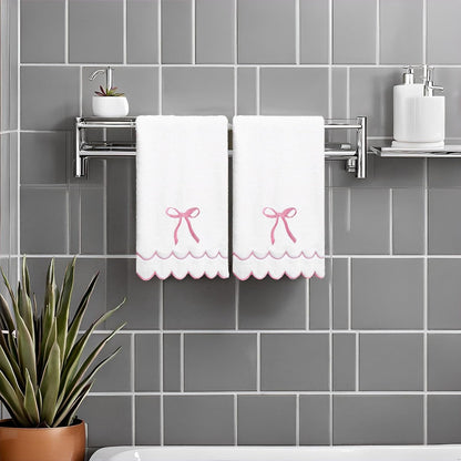 2 Pcs Coquette Bow Hand Towels 15.75 x 27.56 Inch Scalloped Embroidered Dish Towel 100% Cotton Cute Preppy Decorative Bath Hand Towel for Kitchen Bathroom (Pink)