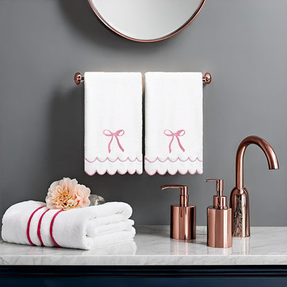 2 Pcs Coquette Bow Hand Towels 15.75 x 27.56 Inch Scalloped Embroidered Dish Towel 100% Cotton Cute Preppy Decorative Bath Hand Towel for Kitchen Bathroom (Pink)
