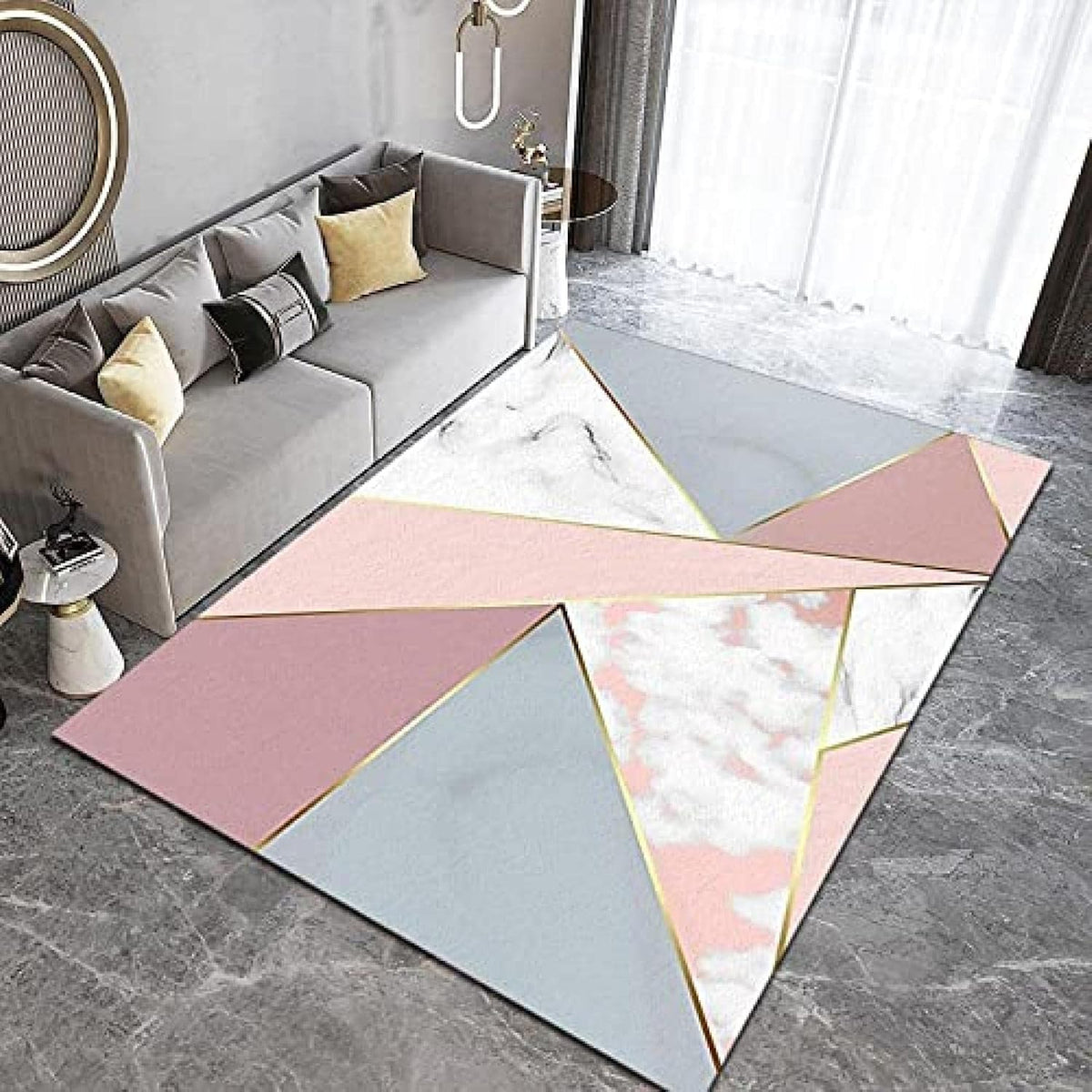 Nordic Minimalist Geometry Art Living Room Rug, Abstract Pink Gold Gray White Marble Area Rug, Non-Slip Low Pile Durable Washable Indoor Rug for Sofa Girls Room Bedroom Entryway-5x6ft