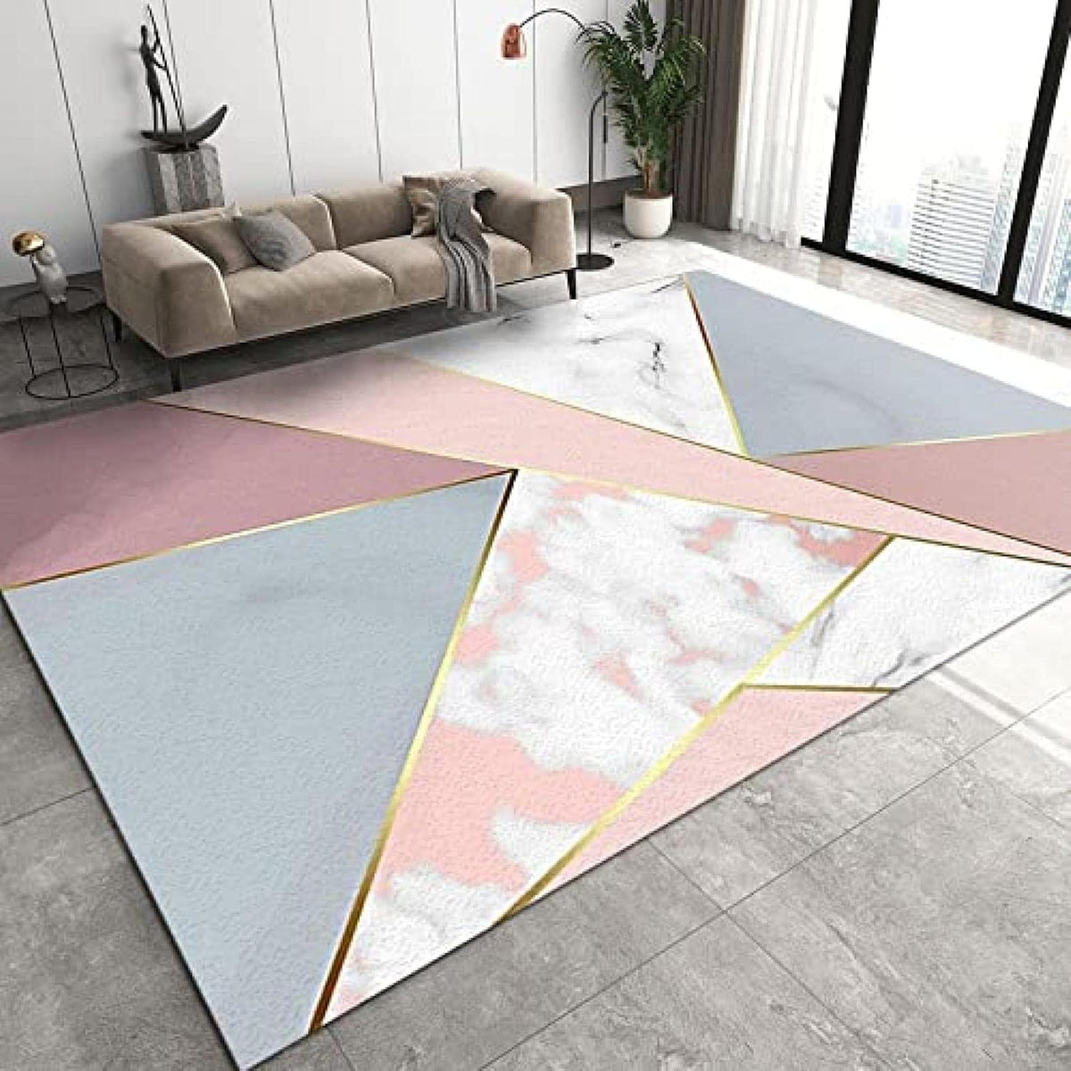 Nordic Minimalist Geometry Art Living Room Rug, Abstract Pink Gold Gray White Marble Area Rug, Non-Slip Low Pile Durable Washable Indoor Rug for Sofa Girls Room Bedroom Entryway-5x6ft