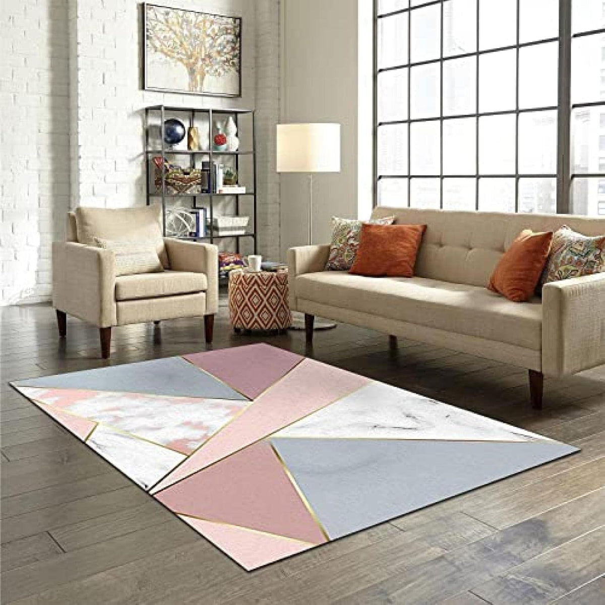 Nordic Minimalist Geometry Art Living Room Rug, Abstract Pink Gold Gray White Marble Area Rug, Non-Slip Low Pile Durable Washable Indoor Rug for Sofa Girls Room Bedroom Entryway-5x6ft