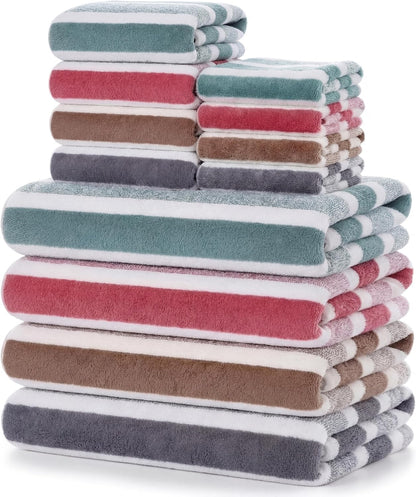 12 Pcs Microfiber Striped Bath Towels and Washcloths Set, Morandi