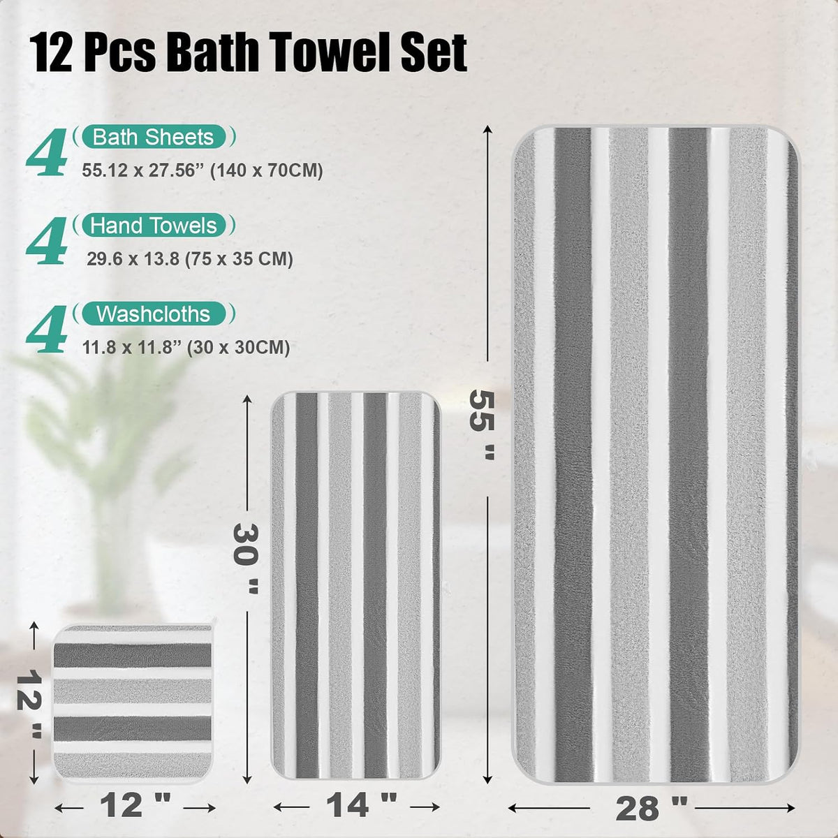 12 Pcs Microfiber Striped Bath Towels and Washcloths Set, Morandi