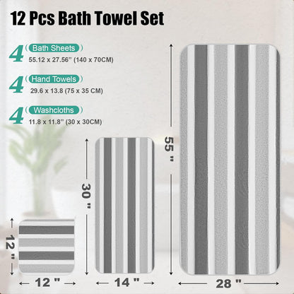 12 Pcs Microfiber Striped Bath Towels and Washcloths Set, Morandi