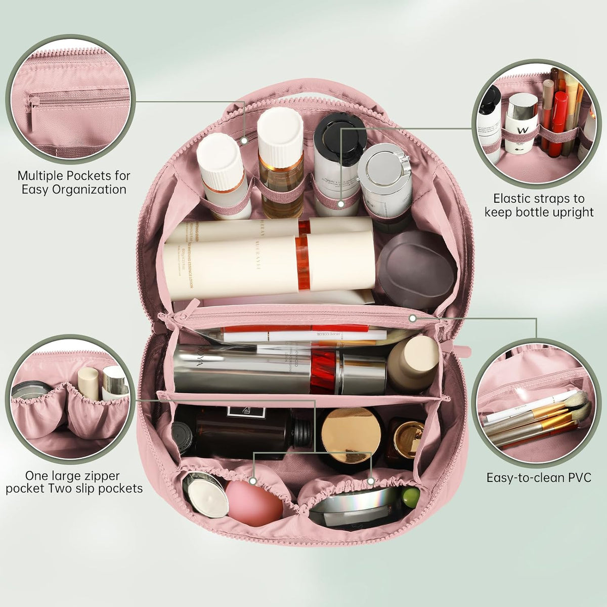 Makeup Bag for Portable Travel and Business Trips ，Large Makeup Organizer lightweight and Soft，Toiletry Bag,Secure Zipper Closure (Pink)