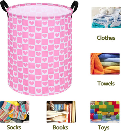 19.7" Round Kids Laundry Basket Gift Baskets Storage Laundry Hamper Toys Nursery Bin with Handles,Storage Basket for Childrens Room Bedroom Decor (Pink Heart)