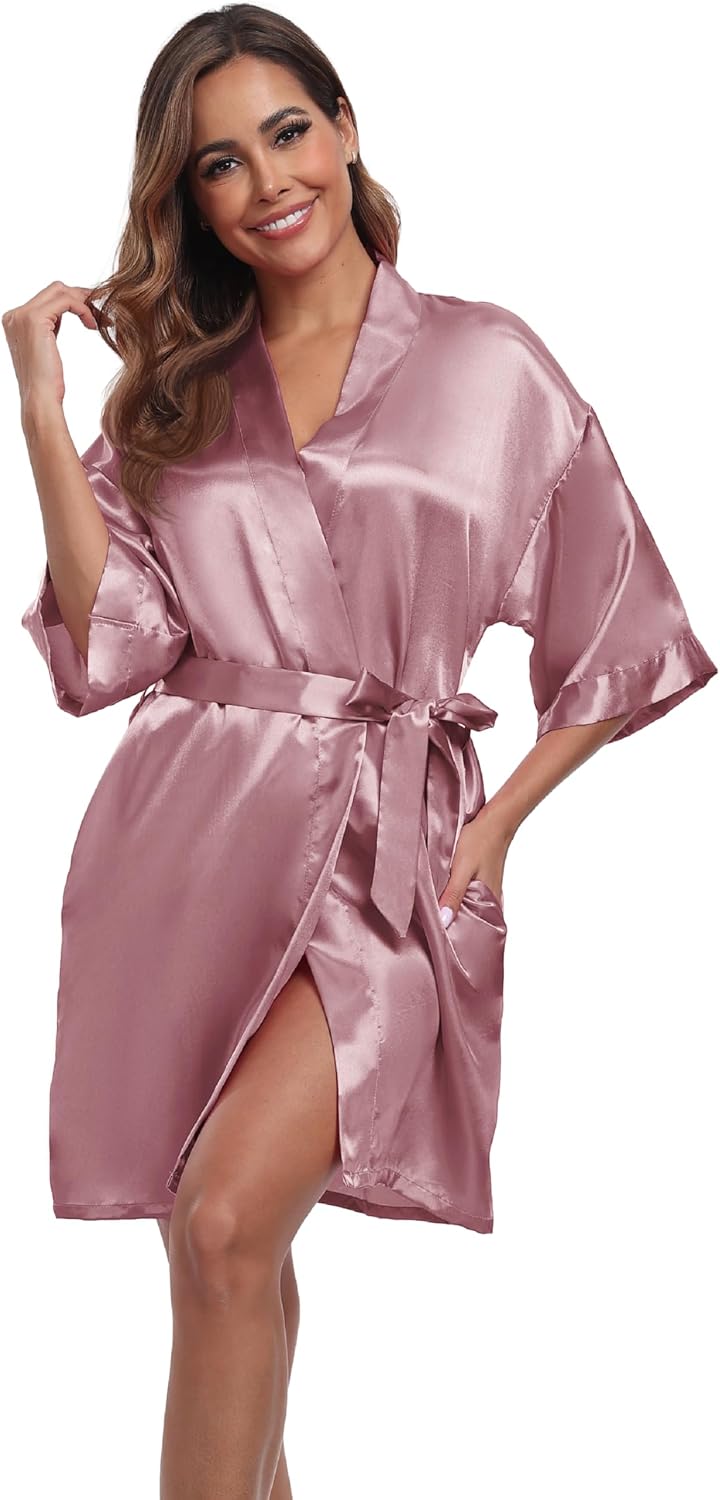 Women's Short Satin Robes Silky Bathrobe Bridesmaid Sleepwear for Wedding Party Getting Ready Solid Color