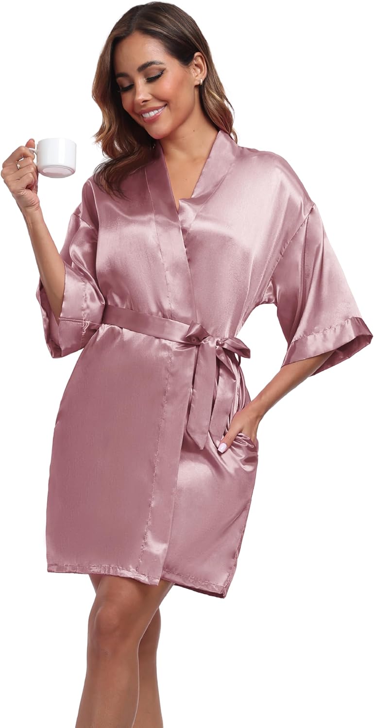 Women's Short Satin Robes Silky Bathrobe Bridesmaid Sleepwear for Wedding Party Getting Ready Solid Color