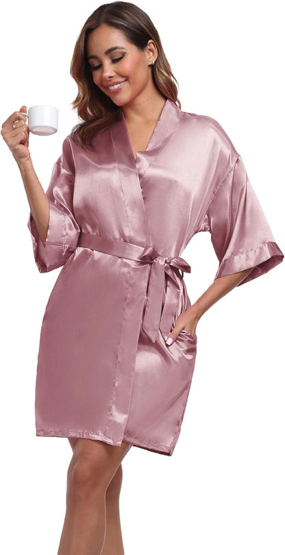 Women's Short Satin Robes Silky Bathrobe Bridesmaid Sleepwear for Wedding Party Getting Ready Solid Color