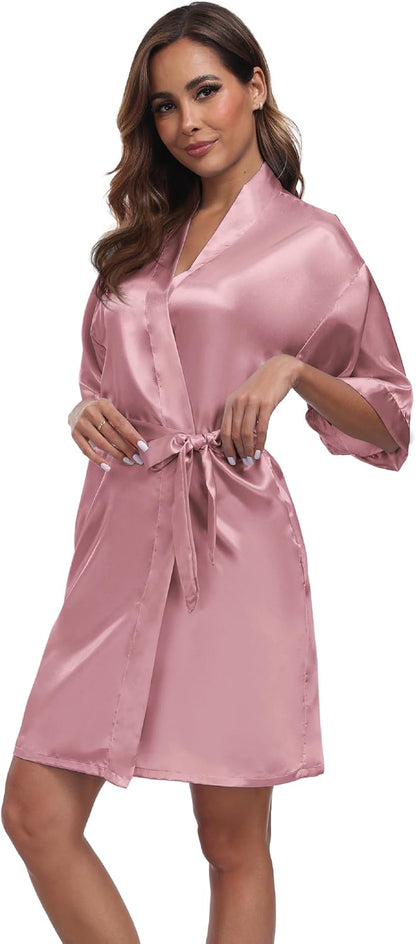 Women's Short Satin Robes Silky Bathrobe Bridesmaid Sleepwear for Wedding Party Getting Ready Solid Color