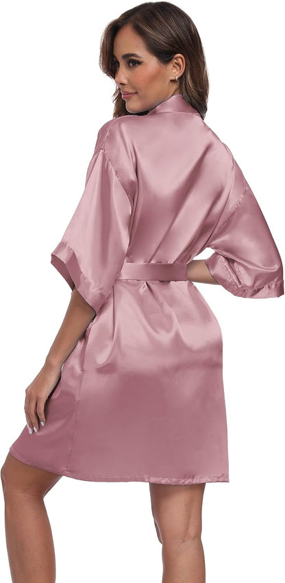 Women's Short Satin Robes Silky Bathrobe Bridesmaid Sleepwear for Wedding Party Getting Ready Solid Color