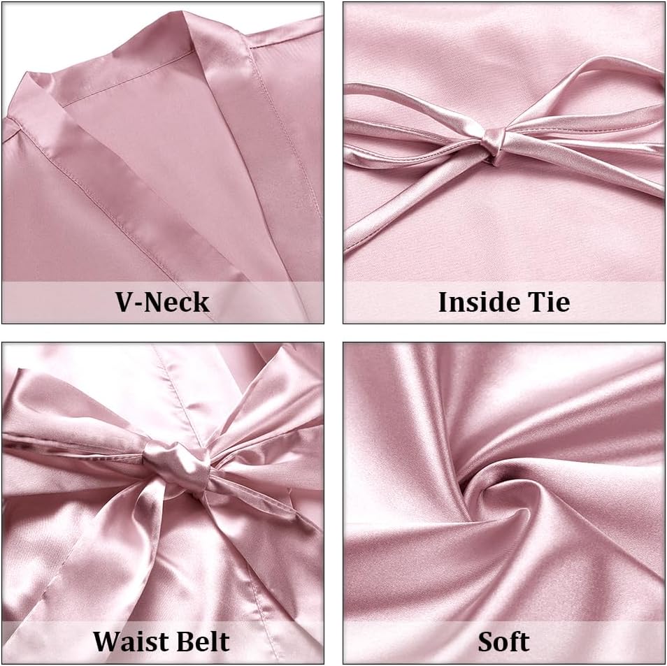 Women's Short Satin Robes Silky Bathrobe Bridesmaid Sleepwear for Wedding Party Getting Ready Solid Color