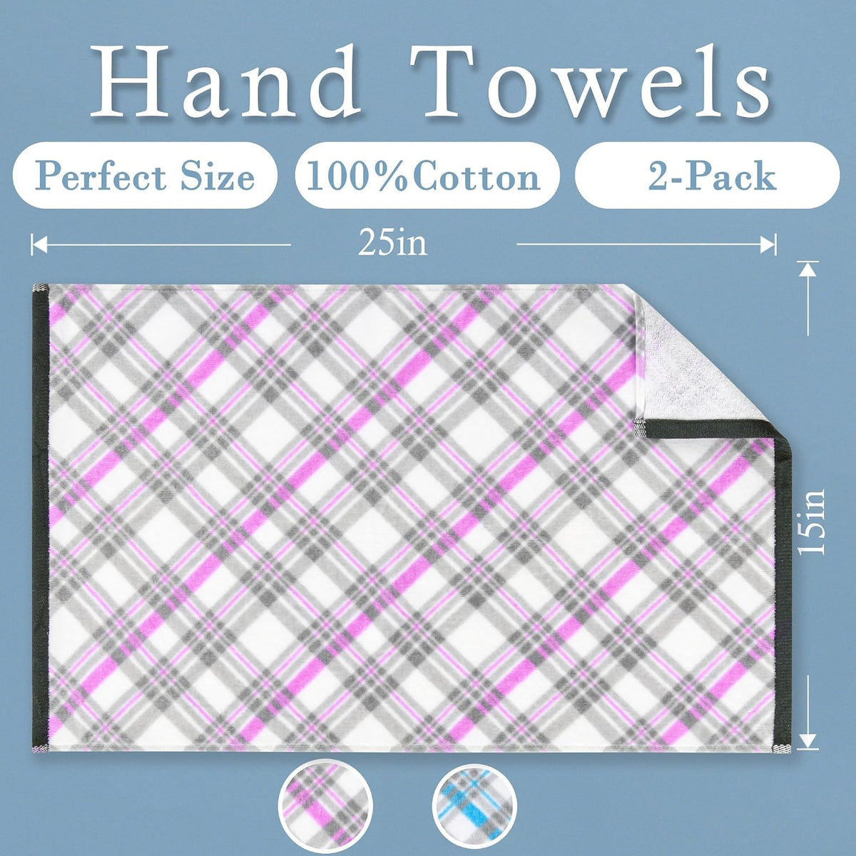 Checkered Hand Towels 2PC 15"x25", 100% Cotton