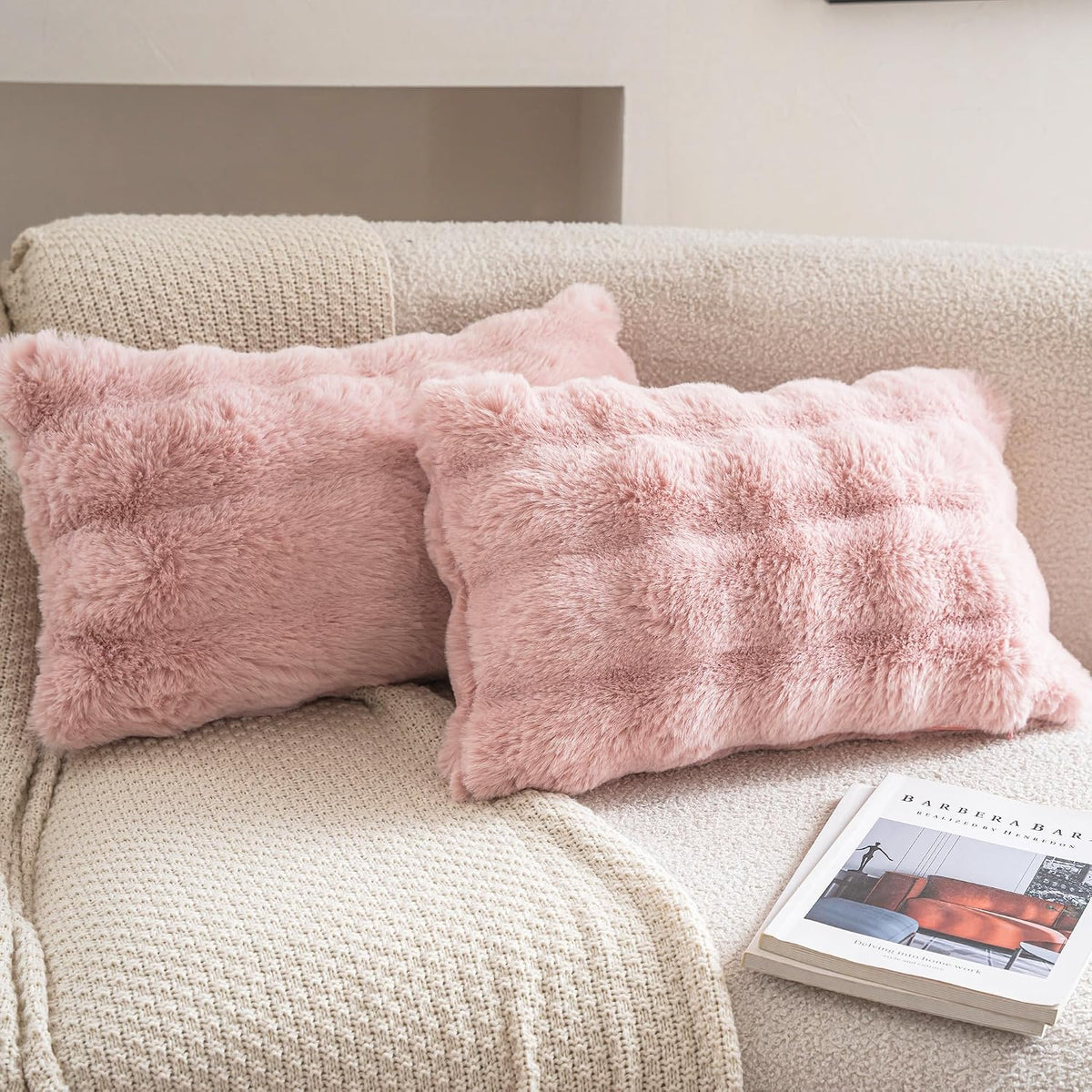 Pink Faux Fur Pillow Covers Set of 2, Luxury Soft Fluffy Throw Pillow Covers 12x20 inch for Couch, Fuzzy Decorative Plaid Plush Cushion Cases for Living Room Sofa Bedroom Decor