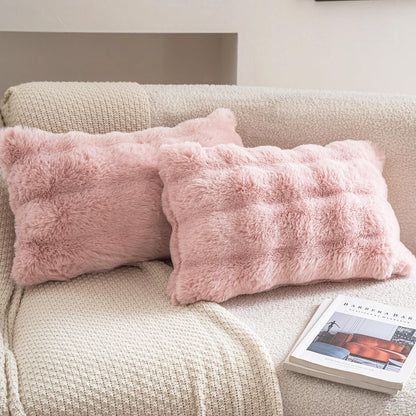 Pink Faux Fur Pillow Covers Set of 2, Luxury Soft Fluffy Throw Pillow Covers 12x20 inch for Couch, Fuzzy Decorative Plaid Plush Cushion Cases for Living Room Sofa Bedroom Decor