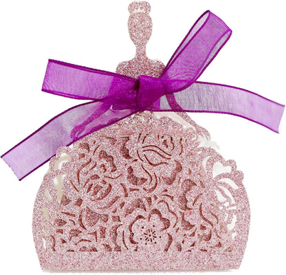 50 Pack Girls Laser Cut Wedding Party Favor Box Candy Bag Chocolate Gift Boxes Bridal Birthday Shower Bomboniere with Ribbons Candy Boxes Glitter Hollow Out Wedding Favor Boxes, Peach